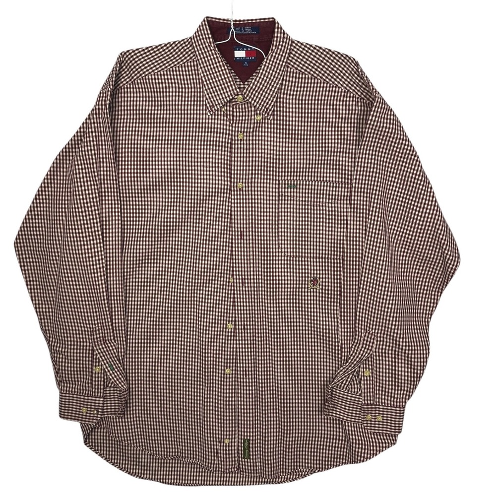 Tommy Hilfiger Mens XL Burgundy Gingham Check Button Down Shirt Long Sleeve